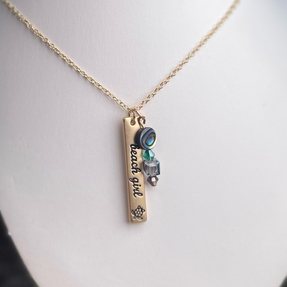 Gold or Silver Stamped BEACH GIRL Pendant w Abalone Shell Crystal Beads Necklace - Picture 11 of 16
